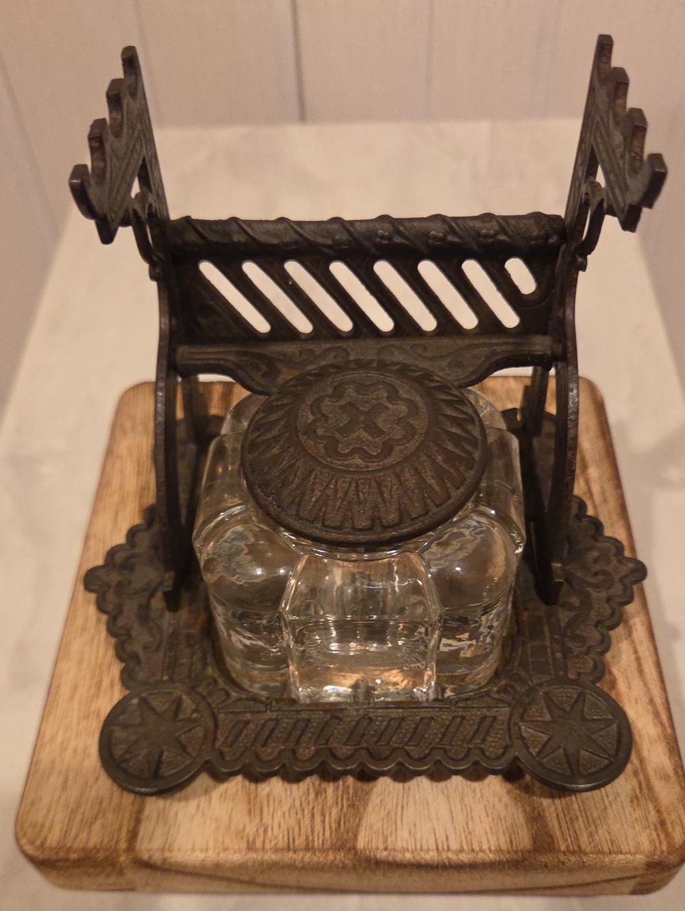 Decorative Glass Inkwell with Ornate Brown Metal Stand